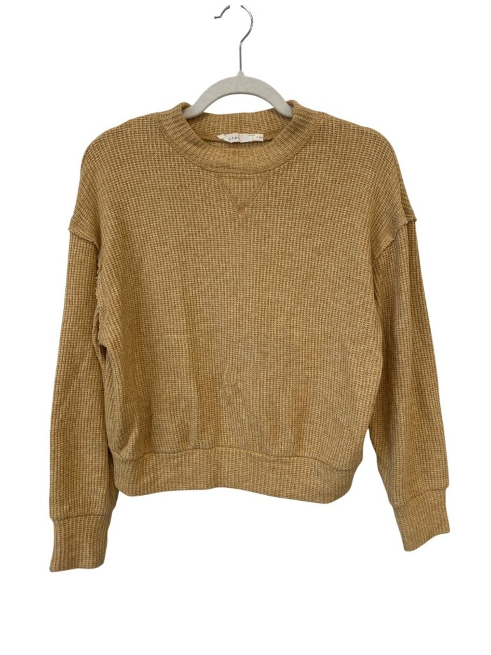 Lush Sweater Small Waffle Knit Crewneck Long Sleeve Pullover Mustard Cozy Chic